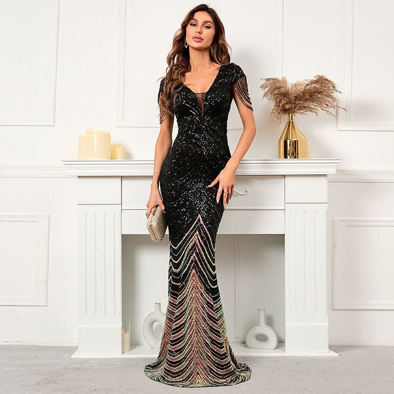 Sequin Beading V Neck Women Evening Dress Dresses