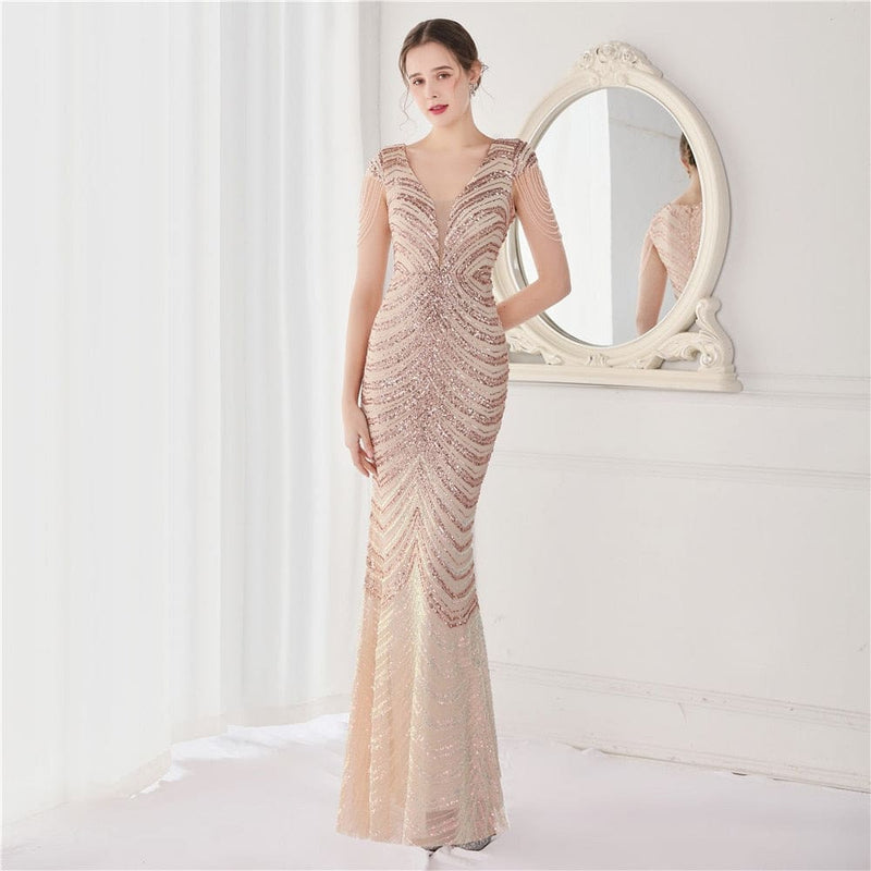 Sequin Beading V Neck Women Evening Dress Gold / 8 Dresses