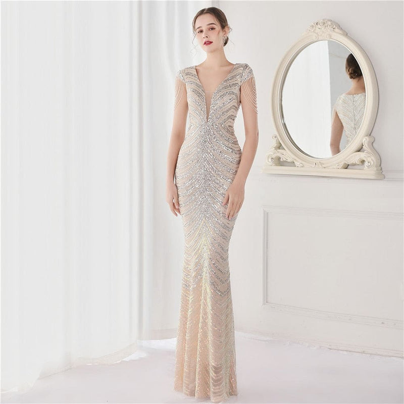 Sequin Beading V Neck Women Evening Dress Silver / 2 Dresses