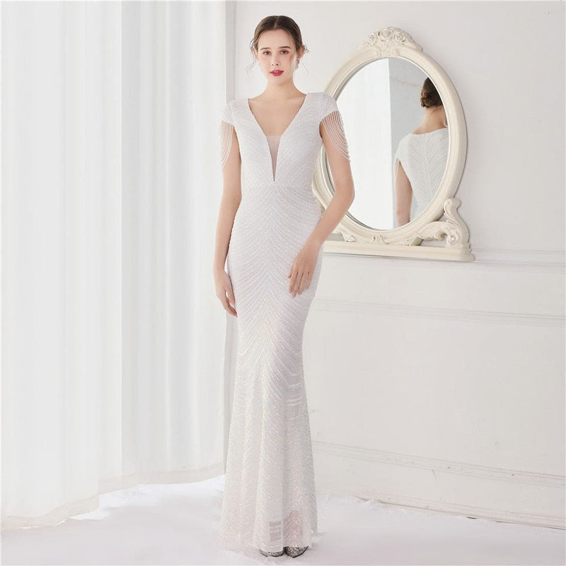 Sequin Beading V Neck Women Evening Dress White / 6 Dresses