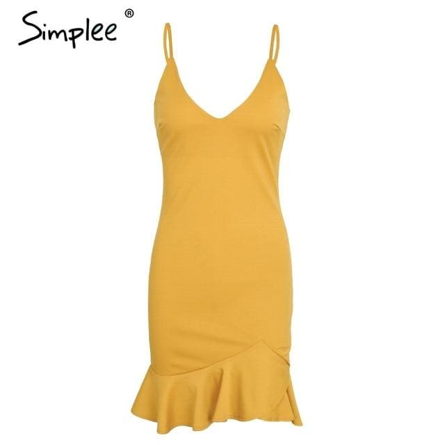 sexy v neck ruffle strap mini dress yellow 1 / l