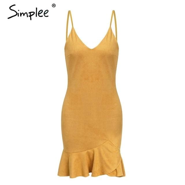 sexy v neck ruffle strap mini dress