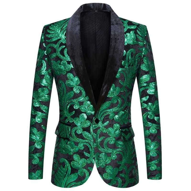 shiny green floral sequin one button shawl collar men tuxedo