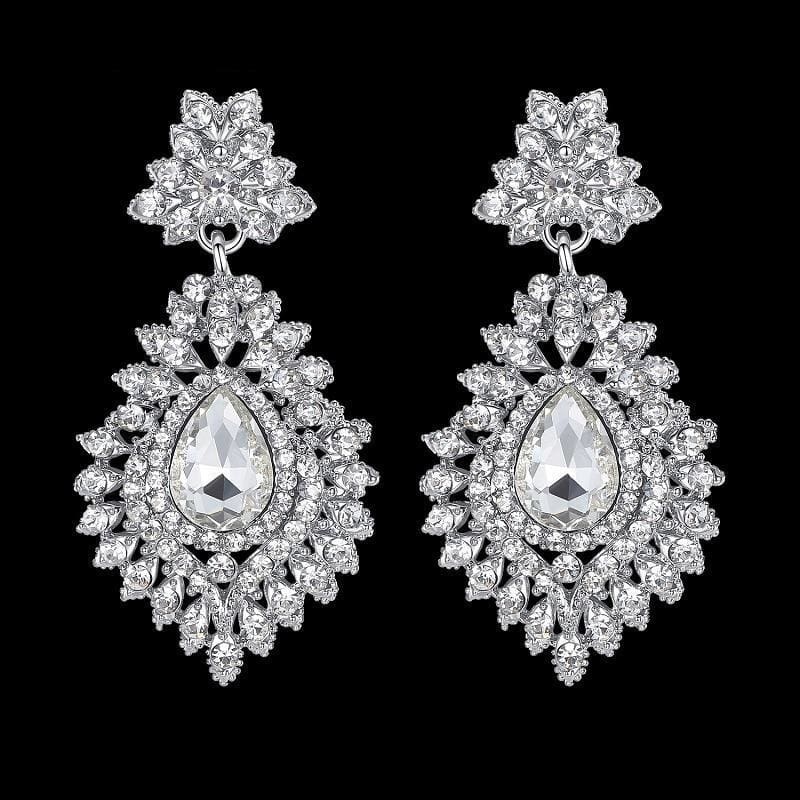 silver color crystal big teardrop long bridal earrings for women