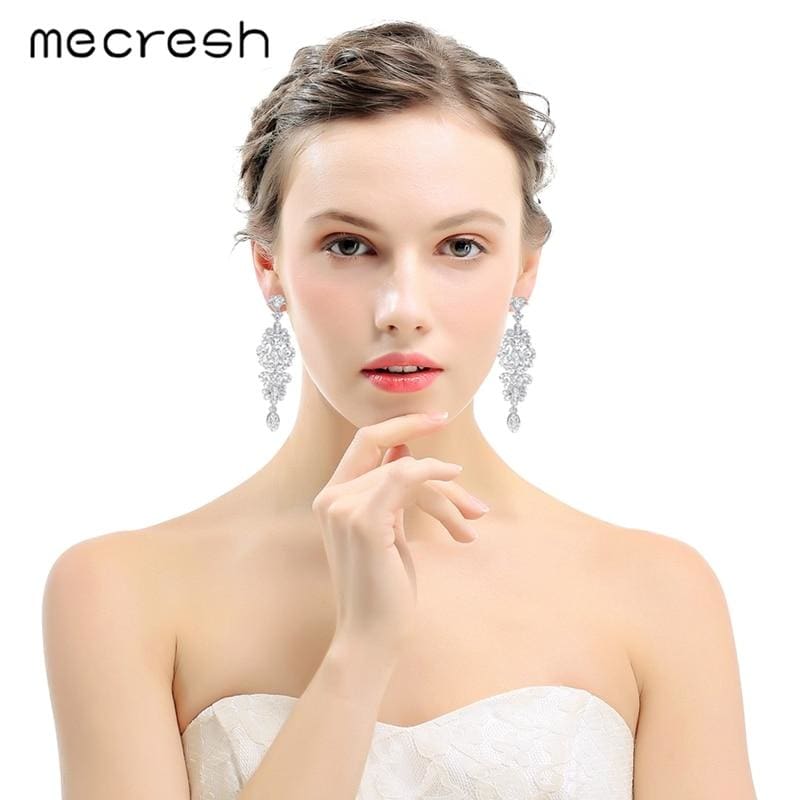 silver color crystal rhinestone bridal drop earrings