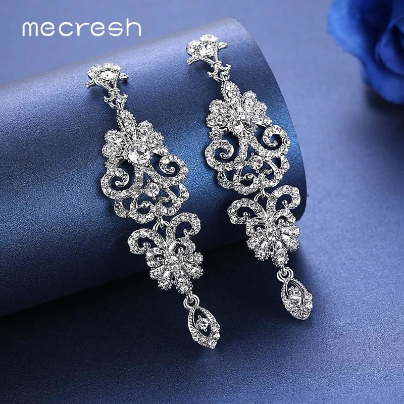 silver color crystal rhinestone bridal drop earrings