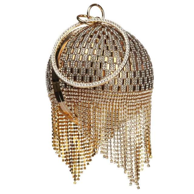 Sliver Diamonds Rhinestone Round Ball Mini Tassels Party Bags For Women Gold B 1254 HANDBAGS