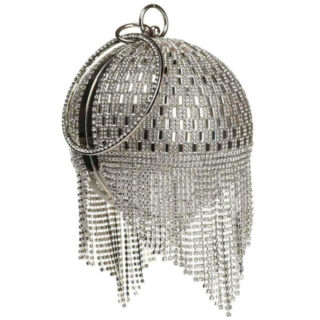 Sliver Diamonds Rhinestone Round Ball Mini Tassels Party Bags For Women Silver B 365458 HANDBAGS