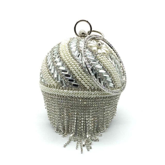 Sliver Diamonds Rhinestone Round Ball Mini Tassels Party Bags For Women Silver C 350852 HANDBAGS