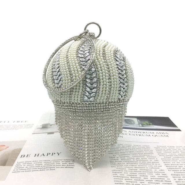 Sliver Diamonds Rhinestone Round Ball Mini Tassels Party Bags For Women Silver D 496 HANDBAGS