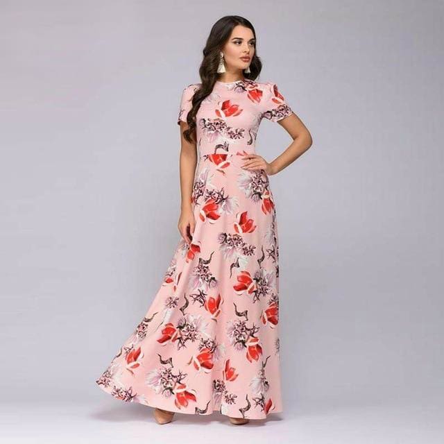 summer short sleeve floral print boho long dress