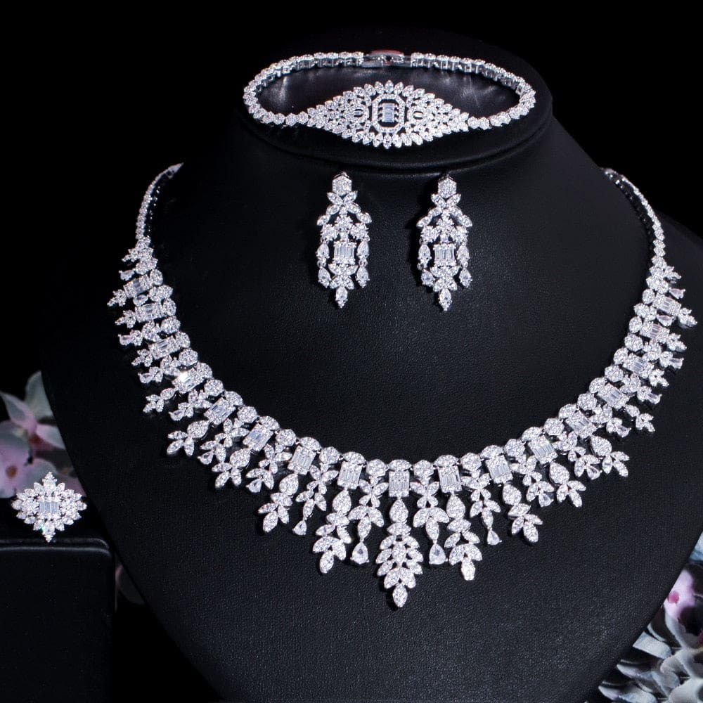 Tassel Drop Cubic Zirconia Wedding Jewelry Set 4 Pcs / Resizable JEWELRY SETS