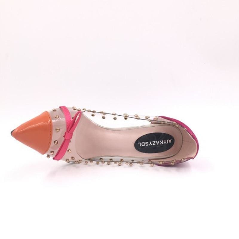 transparent clear pvc rivet bow patchwork sexy high heel
