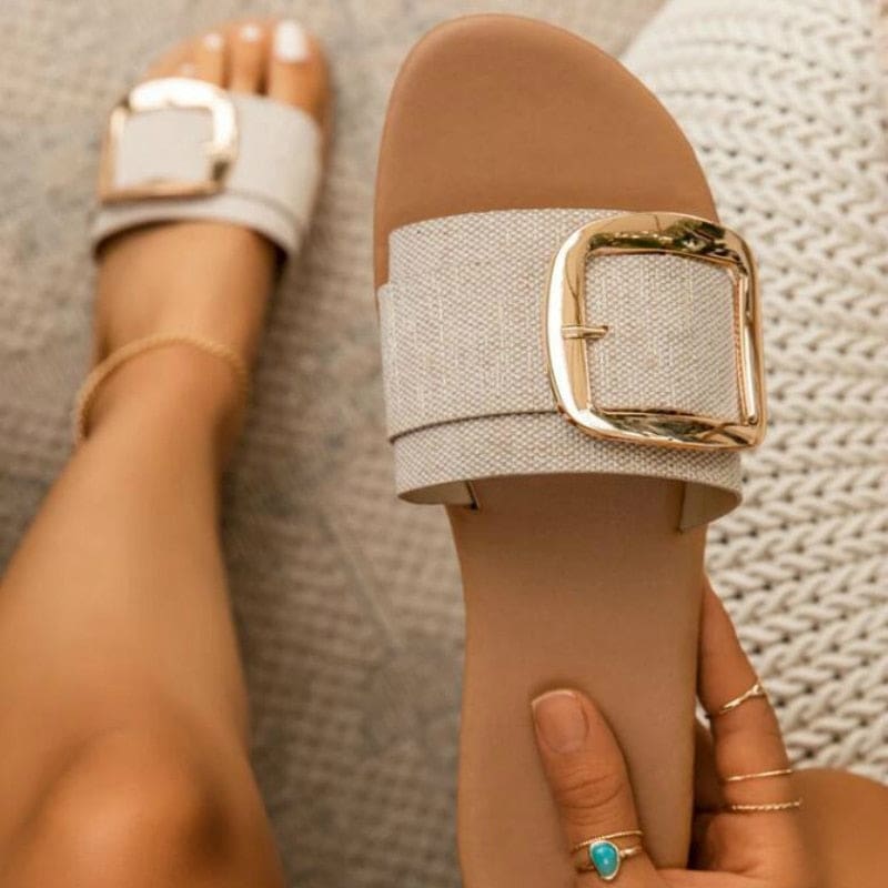 upper buckle decoration flat heel peep toe fashion elegant summer slippers