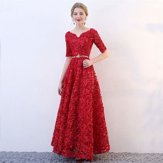 V-Neck Half Sleeves A-line Vintage Elegant Lace Up Party Dress Red / 12 V-Neck Half Sleeves A-line Vintage Elegant Lace Up Party Dress Red / 12