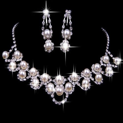 wedding rhinestone pearl plated bridal jewelry set