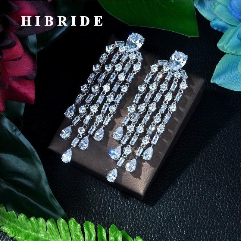 white gold plated zircon tassel earrings