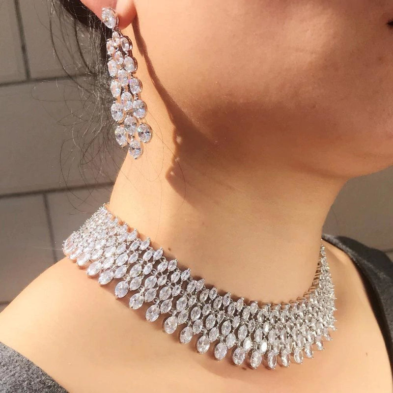 white stone cubic zirconia micro pave setting heavy dinner choker with earrings