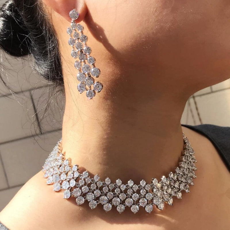 white stone cubic zirconia micro pave wedding choker with earrings