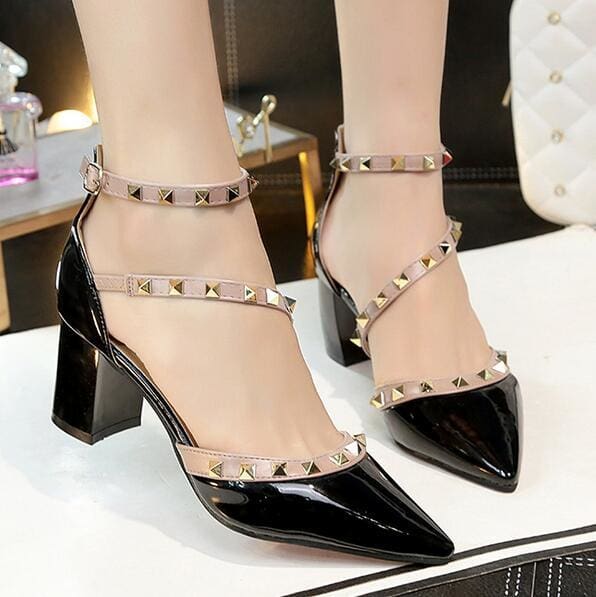woman sexy pointed toe buckle rivets nude heels