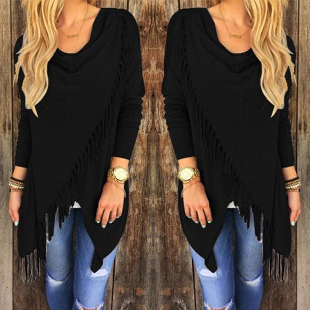 women casual loose long sleeve irregular hem tassel cardigan