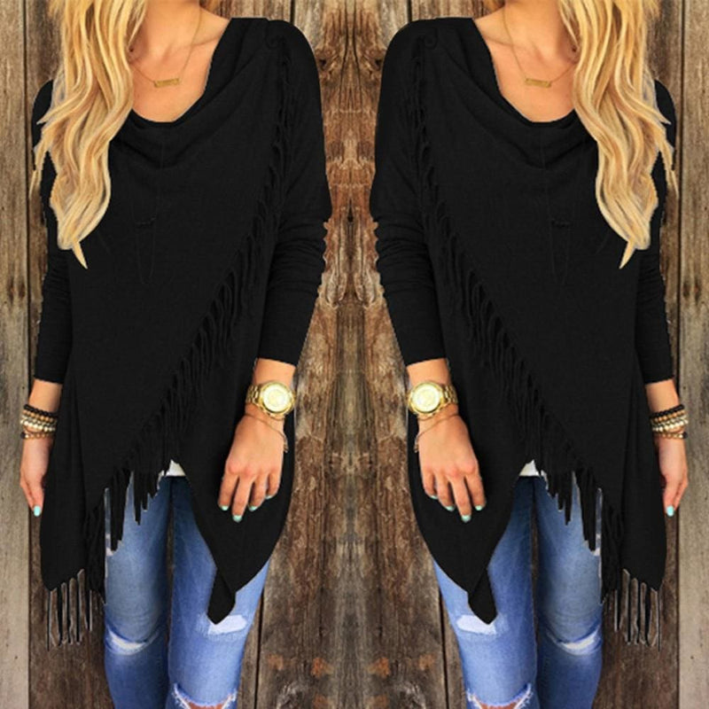 women casual loose long sleeve irregular hem tassel cardigan