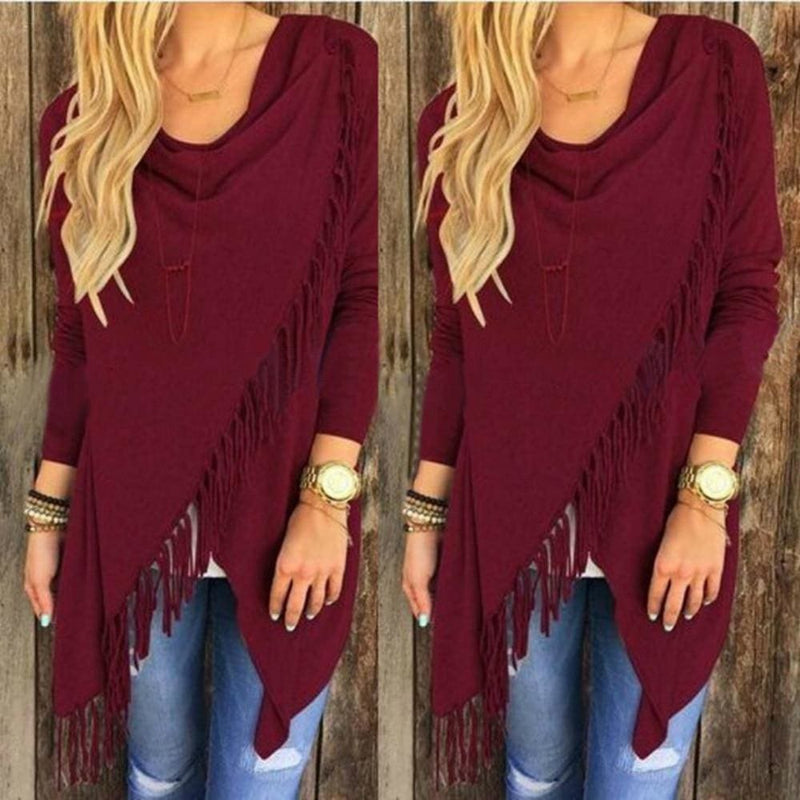 women casual loose long sleeve irregular hem tassel cardigan
