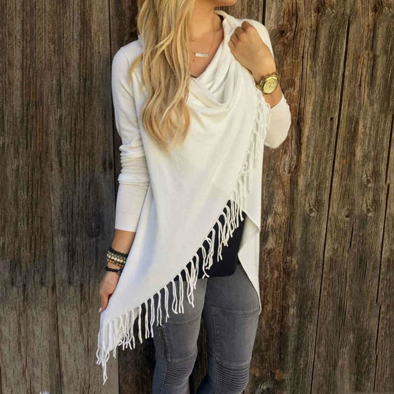 women casual loose long sleeve irregular hem tassel cardigan