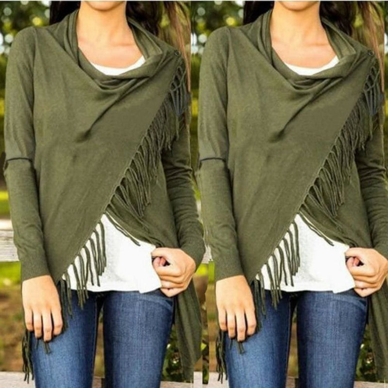 women casual loose long sleeve irregular hem tassel cardigan