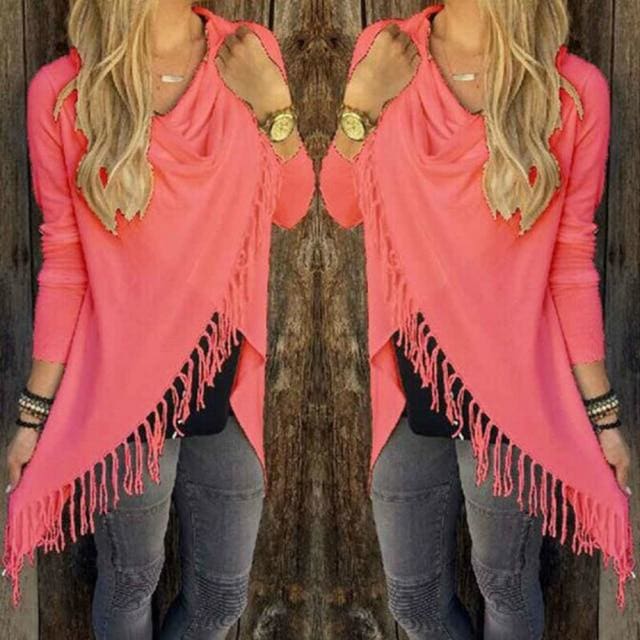 women casual loose long sleeve irregular hem tassel cardigan