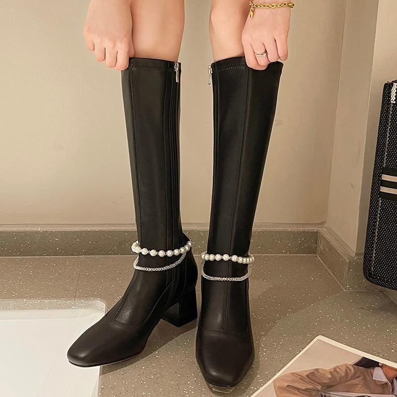 women knee-length fashion pearl chain thick heel long boots