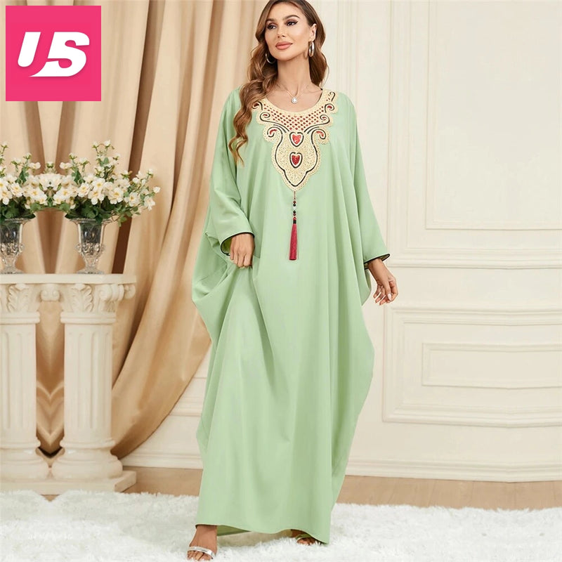 Embroidered V-Neck Batwing Sleeve Kaftan Abaya Party Gowns