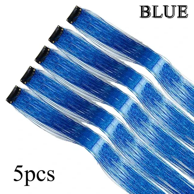 5Pcs/Pack Sparkle Clip In Hair Extensions Blue / 19.5inches