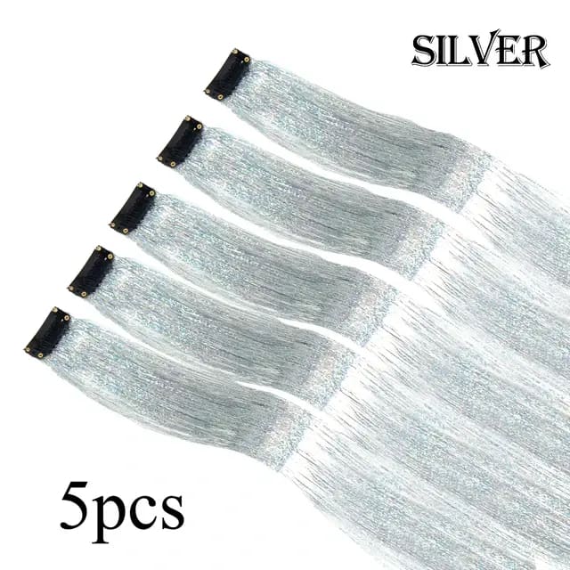 5Pcs/Pack Sparkle Clip In Hair Extensions Silver / 19.5inches