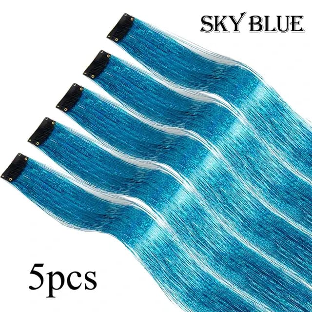 5Pcs/Pack Sparkle Clip In Hair Extensions Sky Blue / 19.5inches