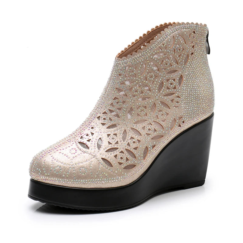 Genuine Leather Rhinestones Summer New Mesh Boots For Women