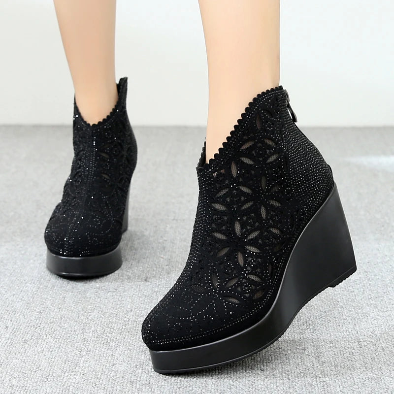 Genuine Leather Rhinestones Summer New Mesh Boots For Women