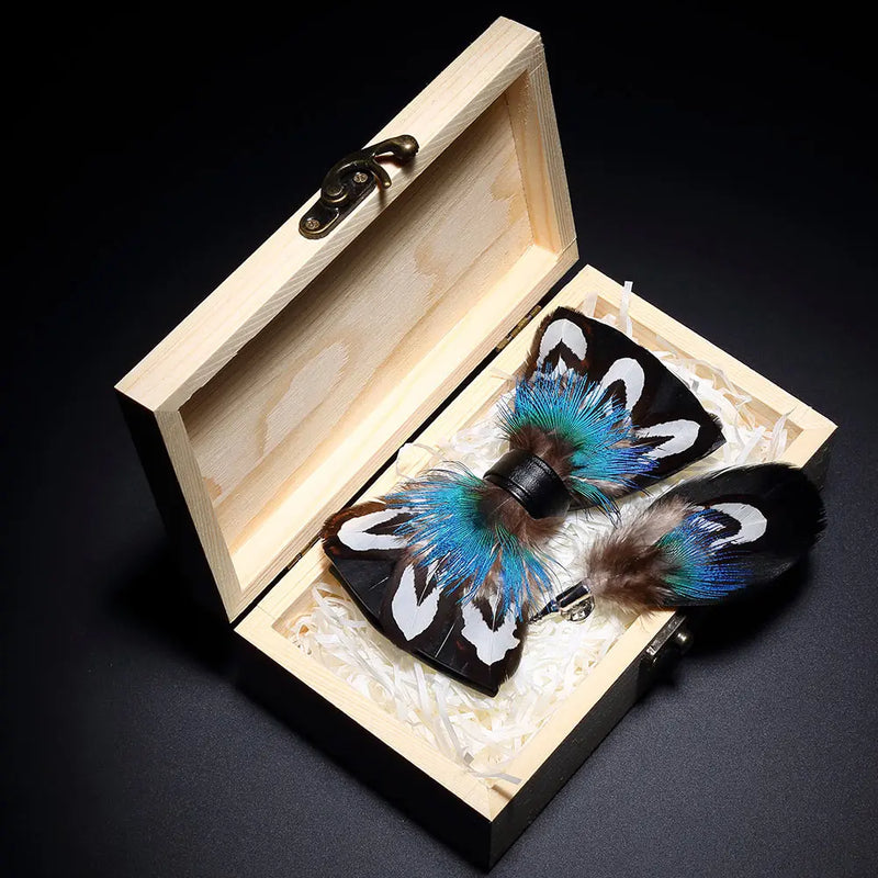 Premium Handmade Feather Bow Tie & Lapel Brooch with Wooden Box Set