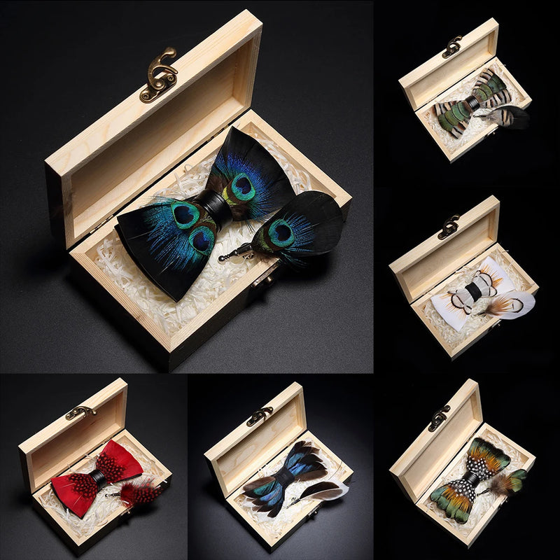 Premium Handmade Feather Bow Tie & Lapel Brooch with Wooden Box Set