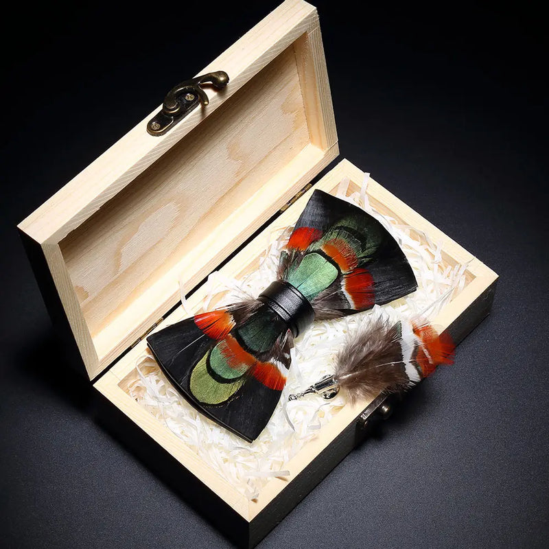 Premium Handmade Feather Bow Tie & Lapel Brooch with Wooden Box Set