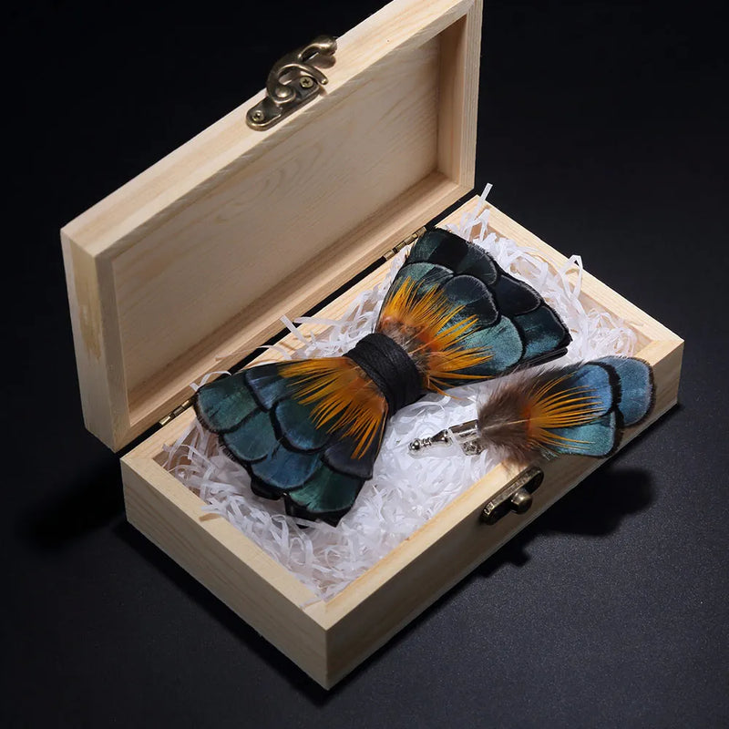 Premium Handmade Feather Bow Tie & Lapel Brooch with Wooden Box Set