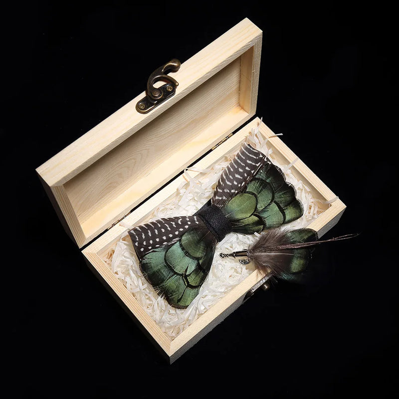 Premium Handmade Feather Bow Tie & Lapel Brooch with Wooden Box Set