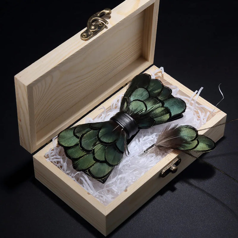 Premium Handmade Feather Bow Tie & Lapel Brooch with Wooden Box Set