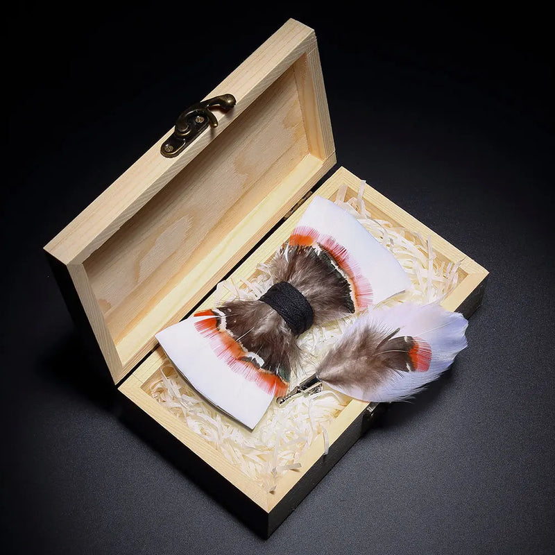 Premium Handmade Feather Bow Tie & Lapel Brooch with Wooden Box Set