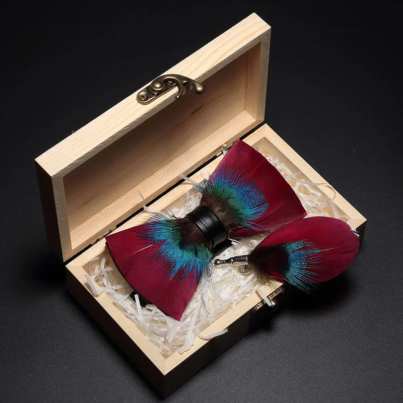 Premium Handmade Feather Bow Tie & Lapel Brooch with Wooden Box Set