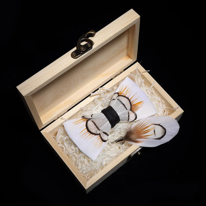 Premium Handmade Feather Bow Tie & Lapel Brooch with Wooden Box Set