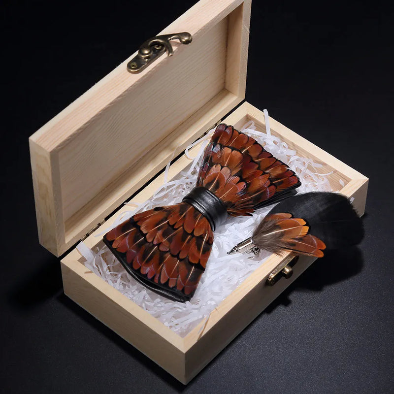 Premium Handmade Feather Bow Tie & Lapel Brooch with Wooden Box Set