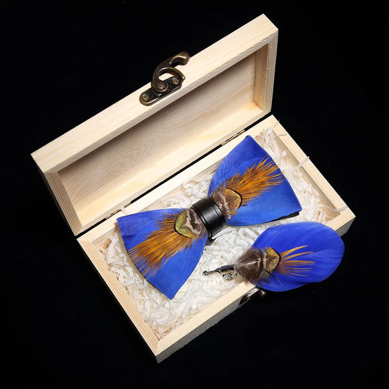 Premium Handmade Feather Bow Tie & Lapel Brooch with Wooden Box Set