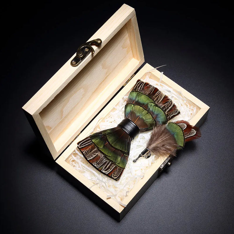Premium Handmade Feather Bow Tie & Lapel Brooch with Wooden Box Set