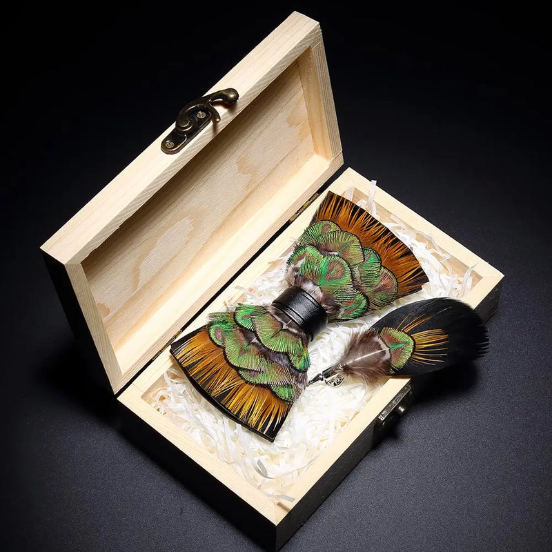 Premium Handmade Feather Bow Tie & Lapel Brooch with Wooden Box Set